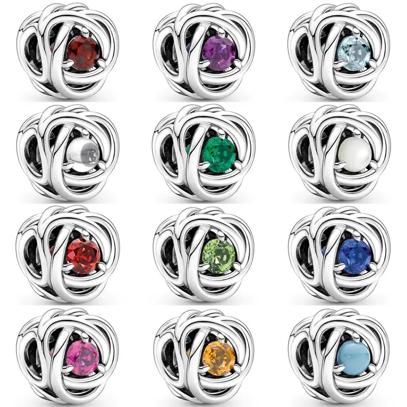 

Openwork Multicolor Month Signature Birthstone Eternity Circle Beads 925 Sterling Silver Charm Fit Fashion Bracelet Diy Jewelry