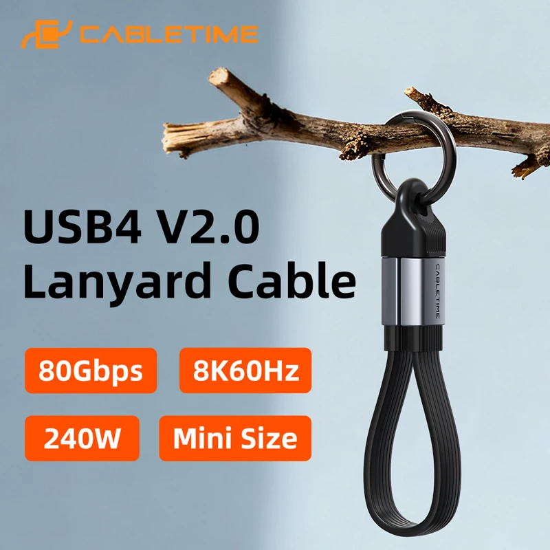 CABLETIME 휴대용 키체인 USB4 케이블 타입-C 짧은 미니 사이즈 240W 80Gbps 8K60Hz 케이블 아이폰 17 Pro SSD 화웨이 아이패드용 케이블