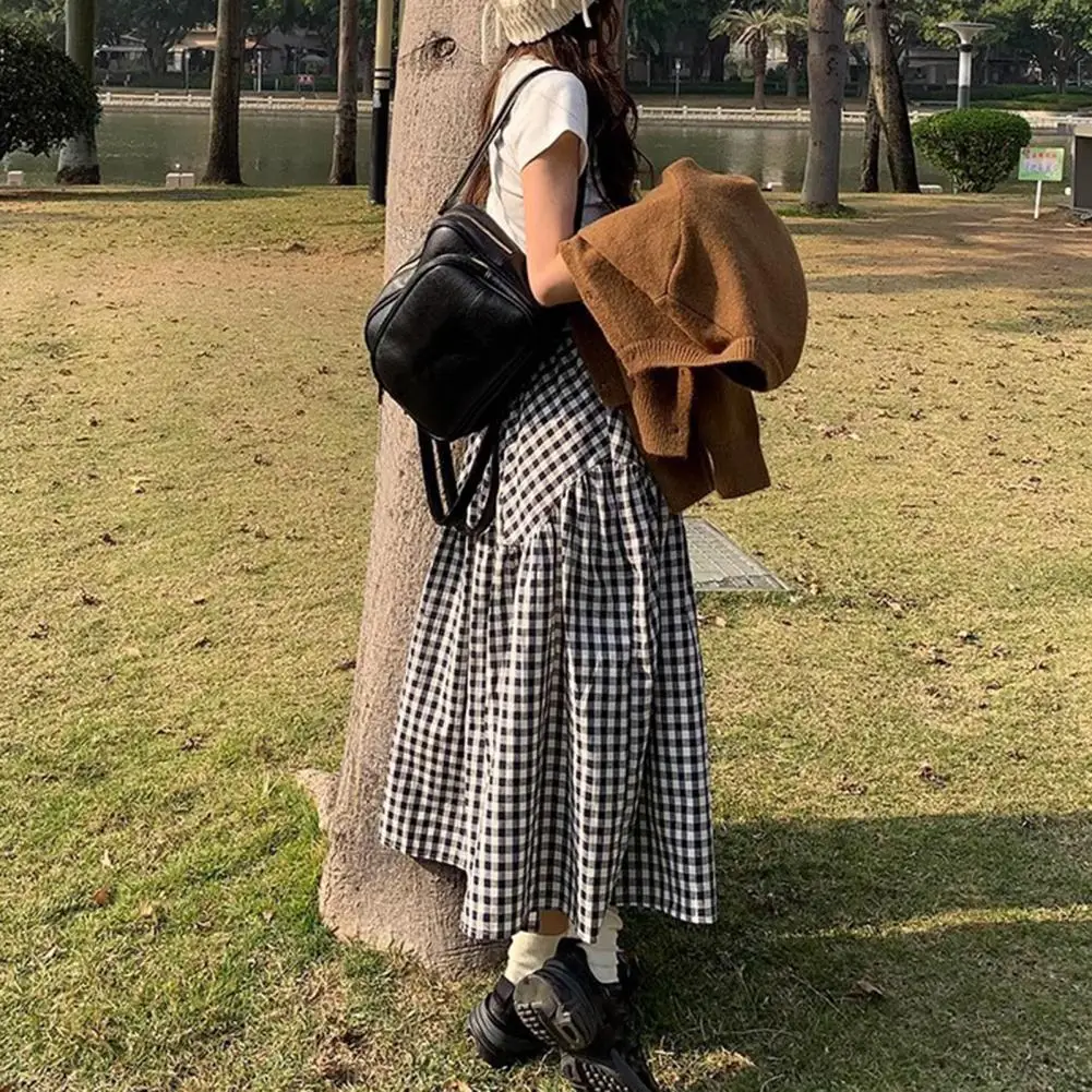 Plaid Patterned Skirt Retro Style Plaid Print A-line Midi Skirt with Elastic High Waist for Women Vintage Swing Skirt for Wear