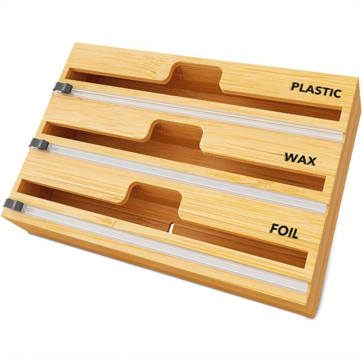 3 in 1 Wrap Organizer with Cutter and Labels, Plastic Wrap, Aluminum Foil and Wax Bamboo Dispenser for Organization Holder for