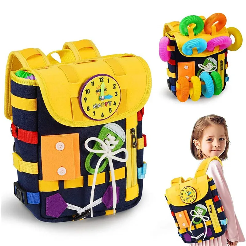 

Busy Board Toddler Backpack with Buckles Learning Activity Toys Develop Fine Motor Skills Learn to Tie Shoes Children Travel Toy