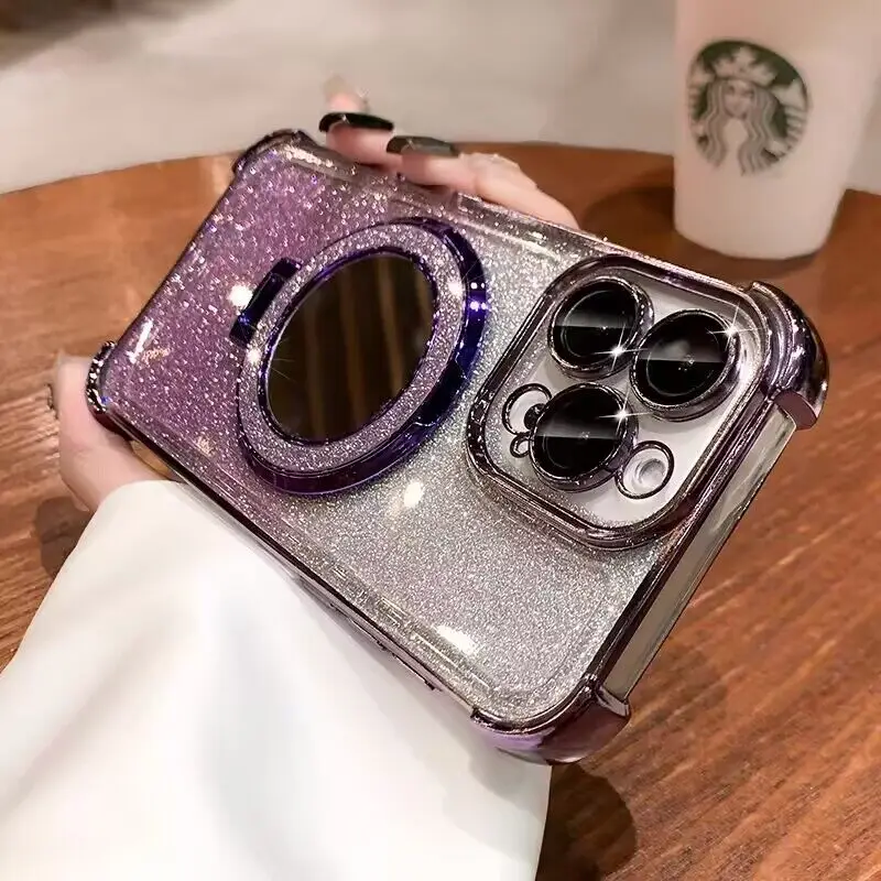 Glitter Make Up Case with Magsafe Holder and Pearl Chain Design