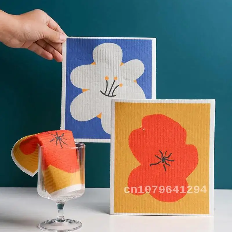 

Thin Cleaning Cloth Oil-Free Swedish Dishcloth for Kitchen Household Print Tea Towel Super Absorbent Nordic Hand Towel 17*20cm