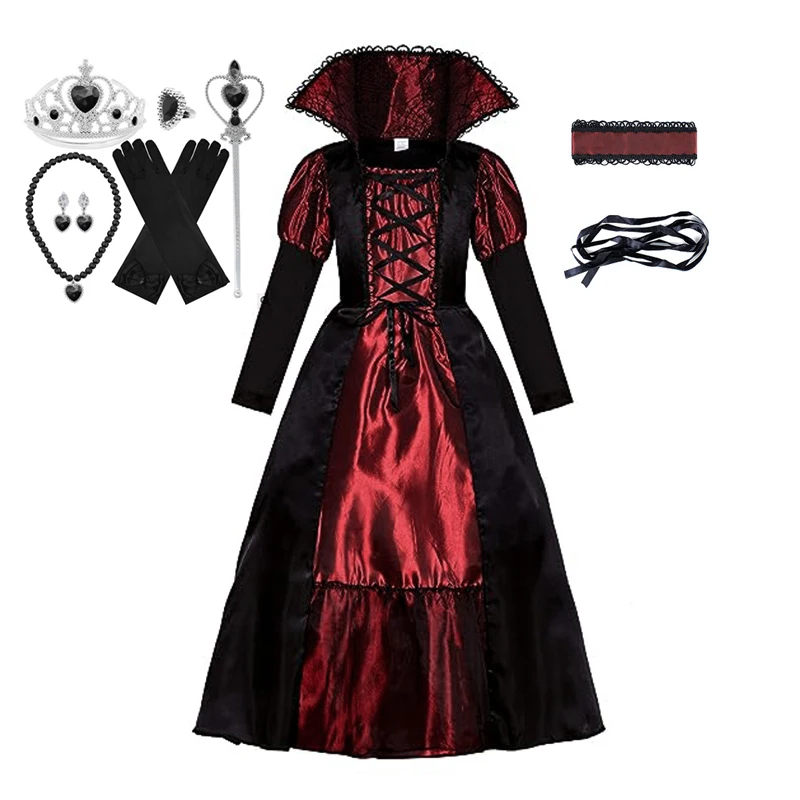 thumbnail image 1 of Vestido de Halloween de vampiro para niña, disfraz de novia fantasma gótica, disfraz de vampiro, princesa, reina, traje de carnaval, ropa negra y roja, 1 of 5