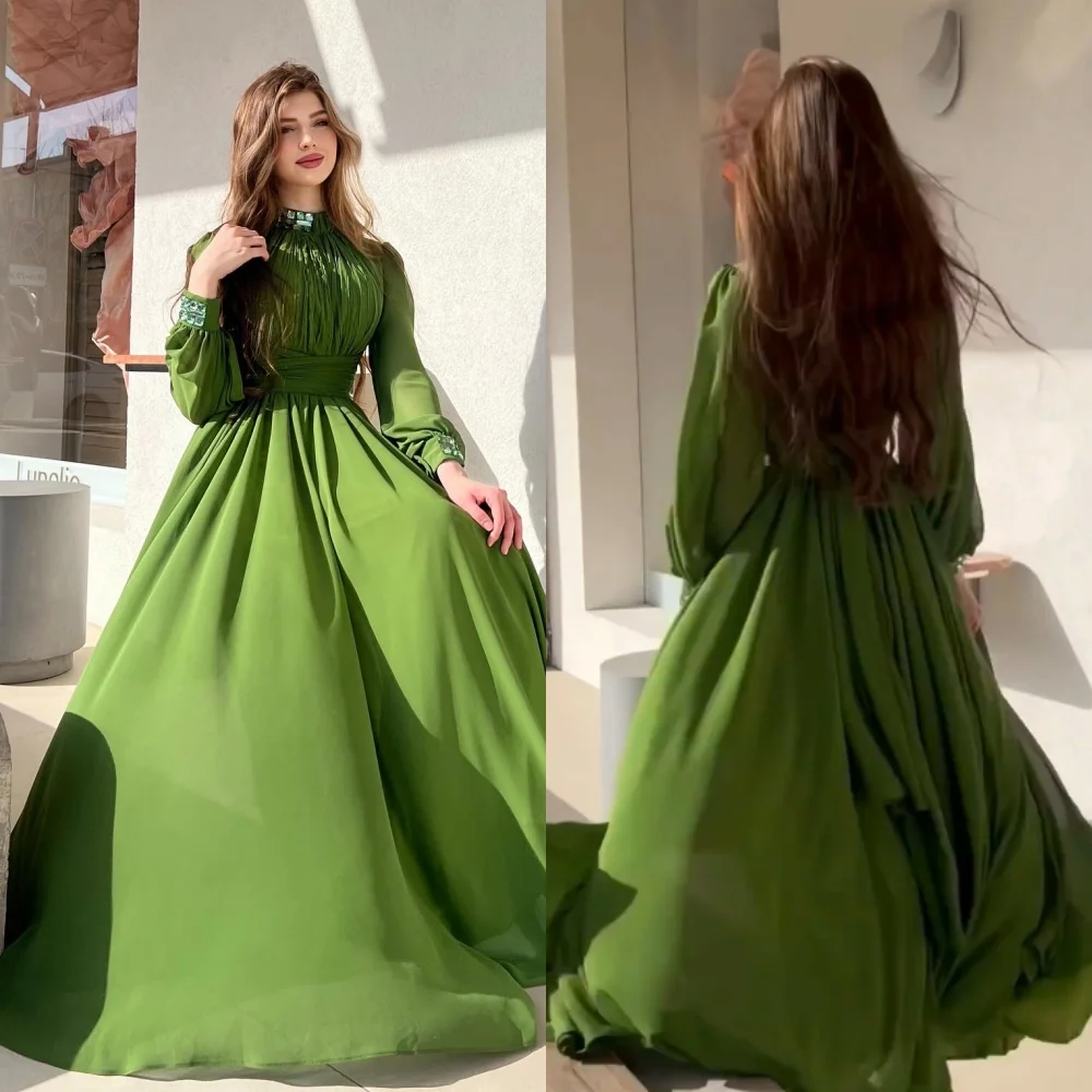 

Evening Prom Dress Saudi Arabia Chiffon Sequined Ruched Formal Evening A-line High Collar Bespoke Occasion Gown Long Dresses