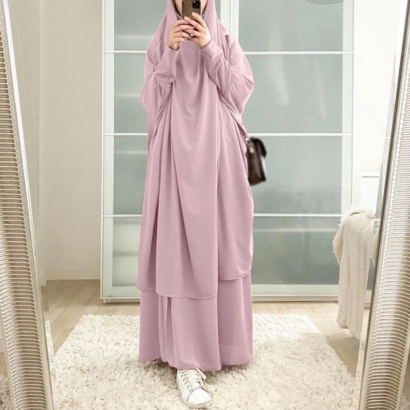 Muslim Sets One Pieces Prayer Clothing Long Hooded Smocking Sleeve Shirts Hijab Loose Maxi Skirts Elastic Waist Women Abaya Sets
