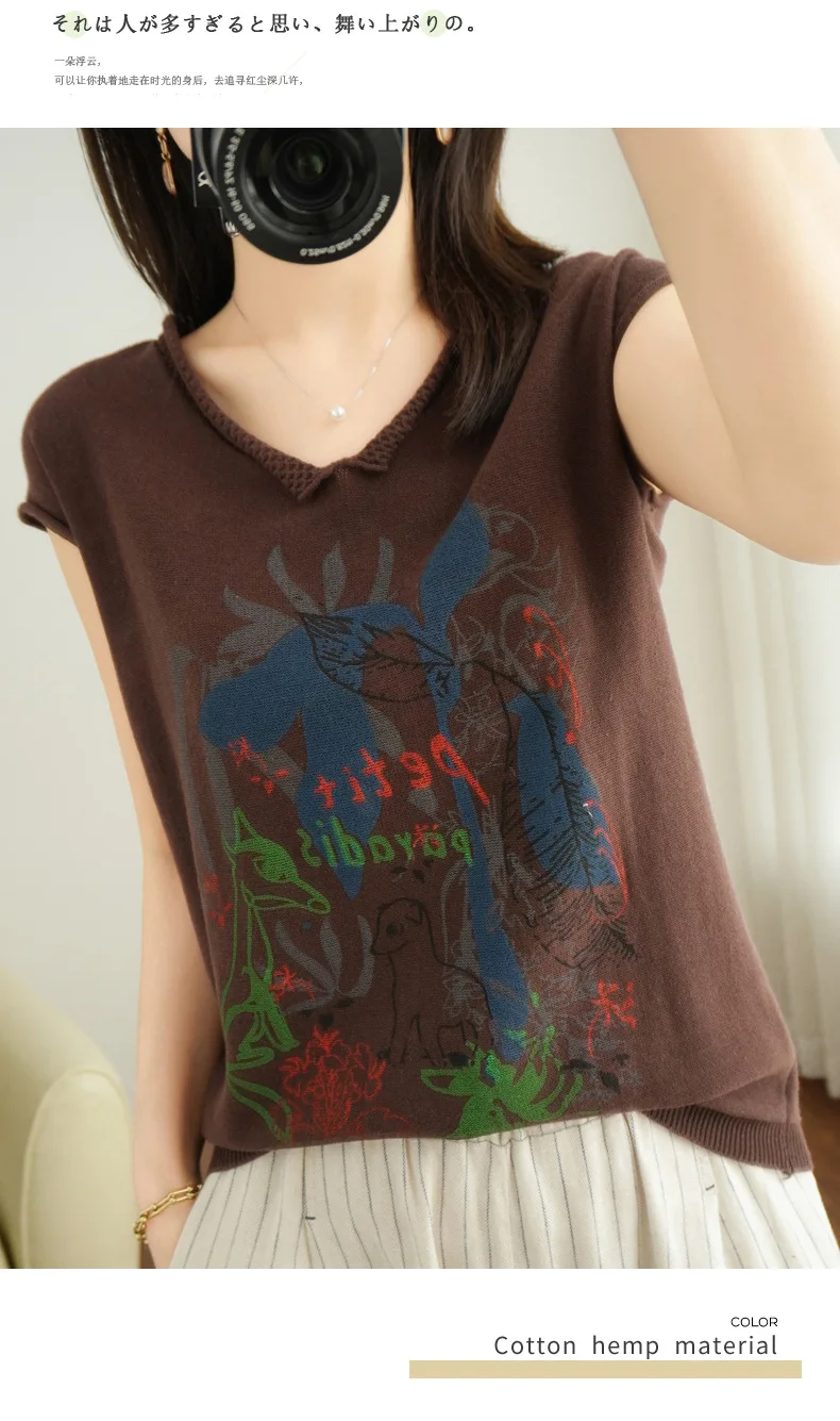Primavera e Verão Algodão de Manga Curta de Malha Feminina com Decote em v Camisa de Fundo Camisola Pulôver Impresso Topo 2022 100% 27 Computers & Electronics
