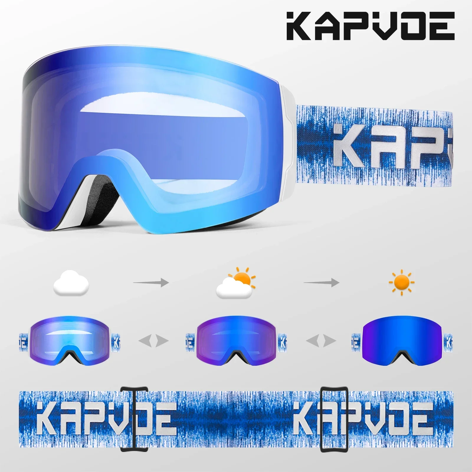 Kapvoe Photochromic Ski Goggles Magnetic Anti-Fog Lenses UV400 Protection Men Women Ski Goggles Winter Sports Eyewear 2