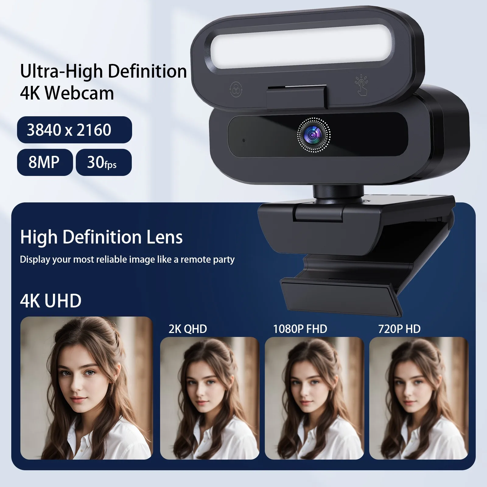 PC Webcam EXHQDR B09-4K 4K Webcam with Privacy Shutter & Fill Light, USB Plug&Play, 1.5M Cable & Type-C Adapter, Flexible Mount