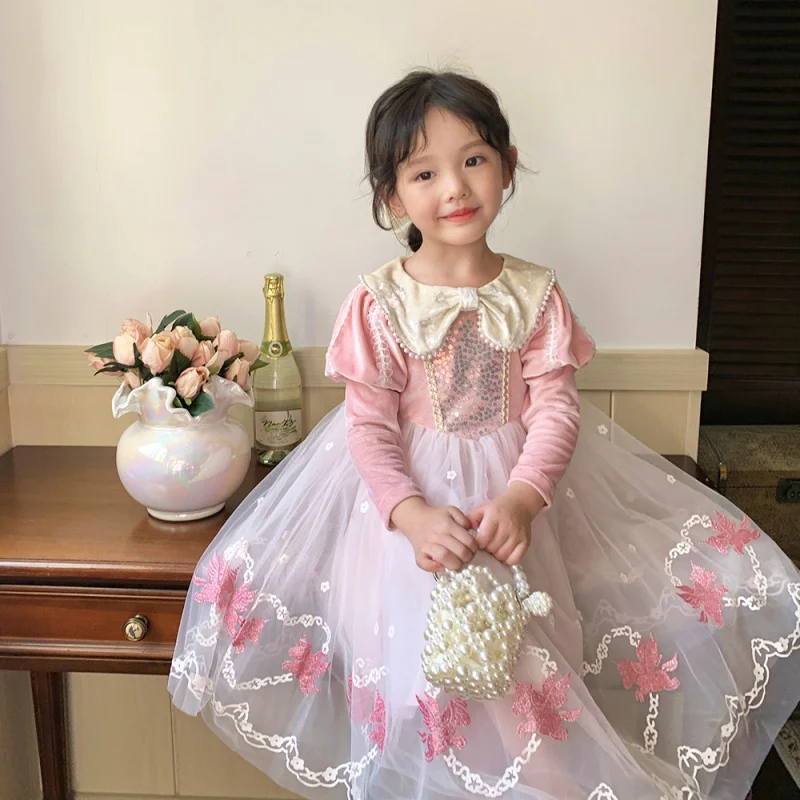 

Girls' Spring and Autumn New Princess Sweet Long-Sleeved Dress Children's Performance Dress