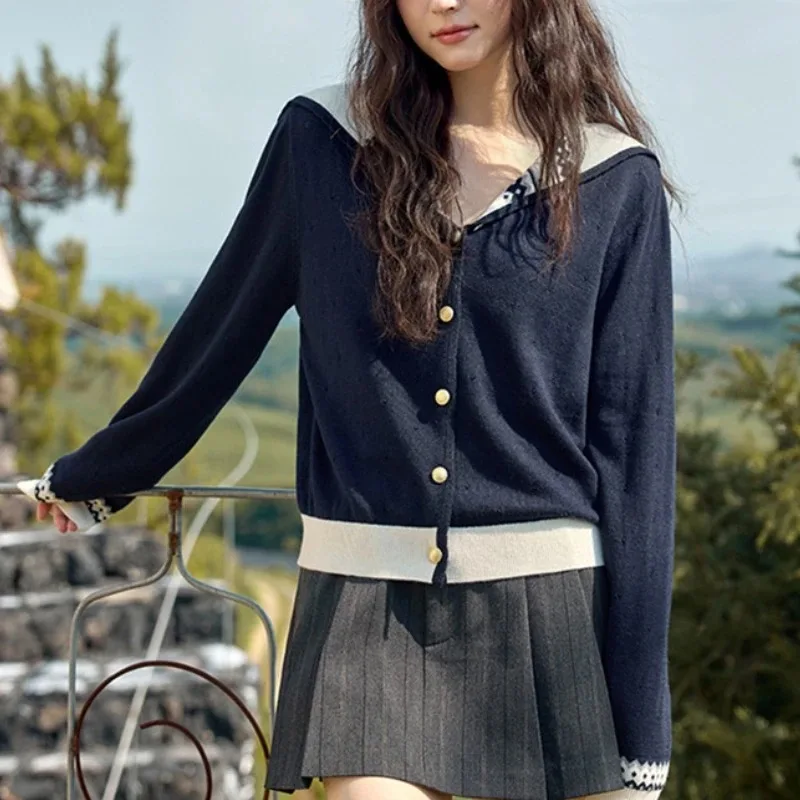 Autumn Women Long Sleeve Sailor Collar Elegant Knitted Cardigan Sweater 2025 Fashion Winter Casual Korean Style Knitwear