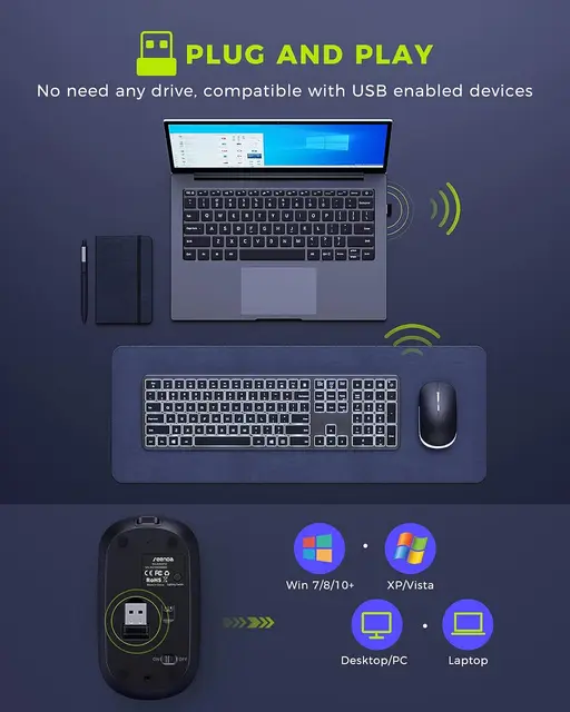 SEENDA Backlit Wireless Mouse and Keyboard Combo Rechargeable Ultra Slim Full Siz 2.4G USB Cordless Illuminated Keyboards Mouse 4