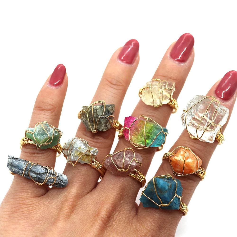 Natural Amethyst Crystal Wire Wrap Ring - Irregular Quartz Stone, Adjustable Size