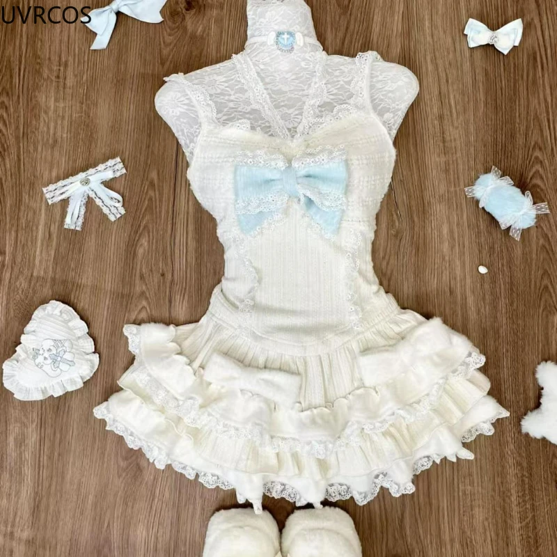 Sweet Lolita Lace Bow Plush Cardigan+ Sexy Slim Fit Strapless Vest Tops+ High Waist Ruched Skirts Early Winter Three Piece Sets 2