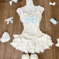 Sweet Lolita Lace Bow Plush Cardigan+ Sexy Slim Fit Strapless Vest Tops+ High Waist Ruched Skirts Early Winter Three Piece Sets 2