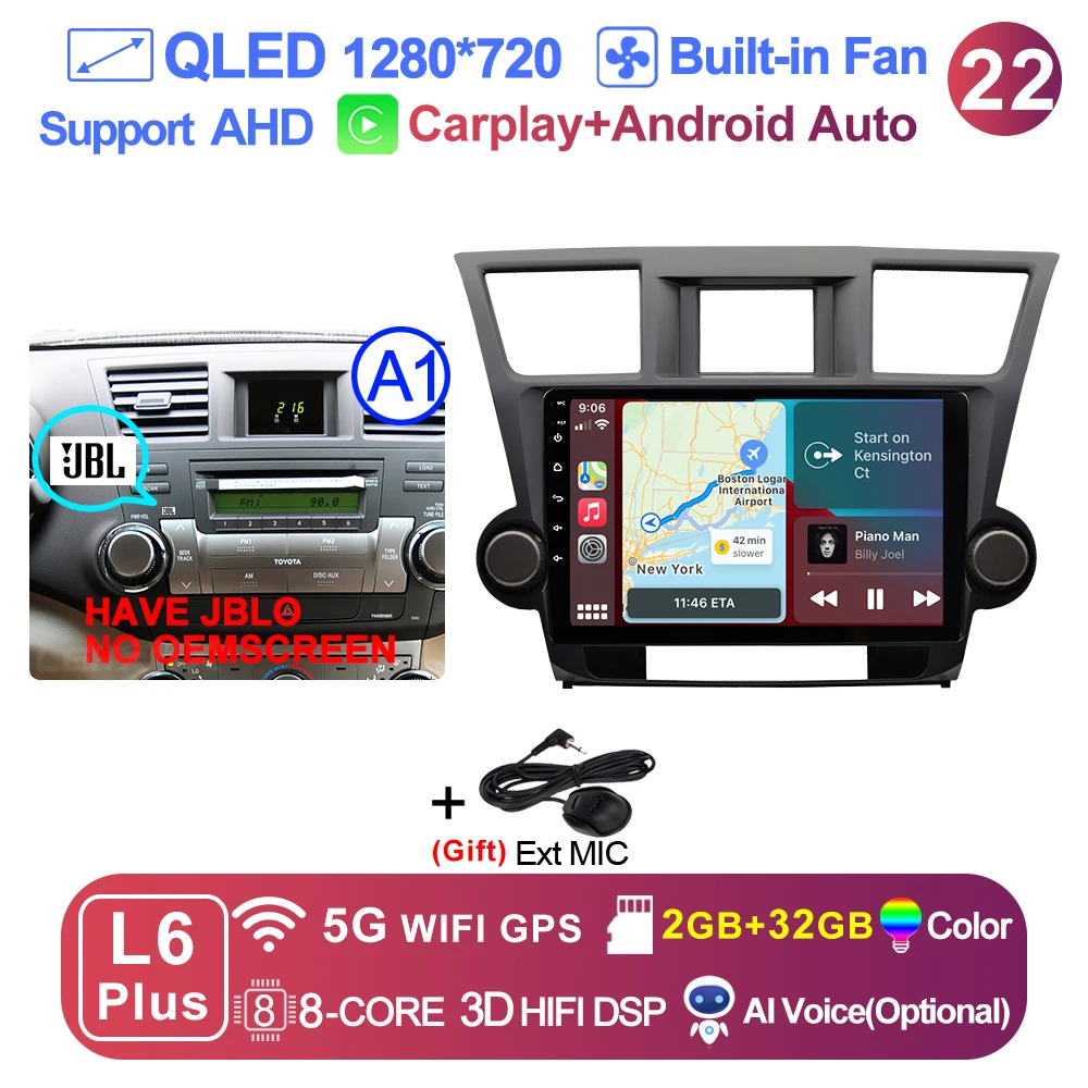 thumbnail image 1 of LEHX Pro 2 Din Android 12 Reproductor multimedia de radio para automóvil Navegación GPS para Toyota Highlander 2 XU40 2007-2013 Carplay 2din Estéreo, 1 of 5