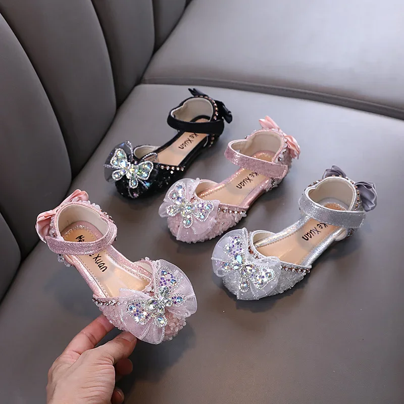 2024 New Kids Leather Shoe Sweet Chic Girl Princess Dress Flat Sandals Causal Versatile Children Fashion Walking Shoes Non-slip 4