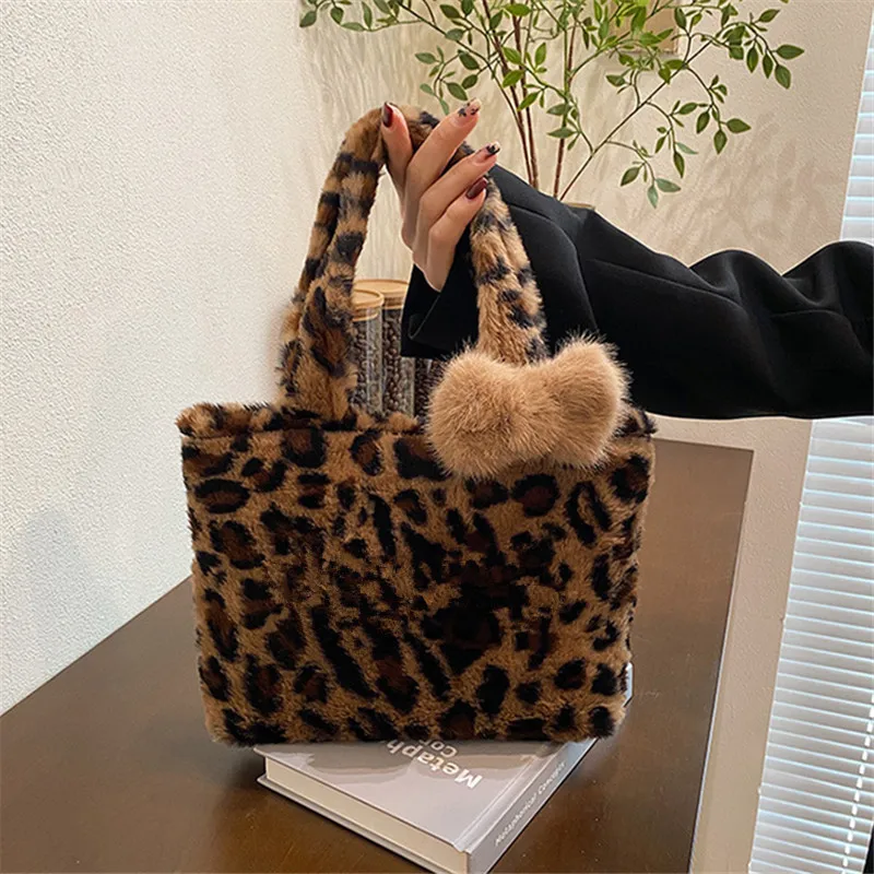 Stylish Leopard Print Y2k Leisure Teen Underarm Shoulder Bag Fluffy Handbag for Women Daily Use Work Party Dating Travel Outing