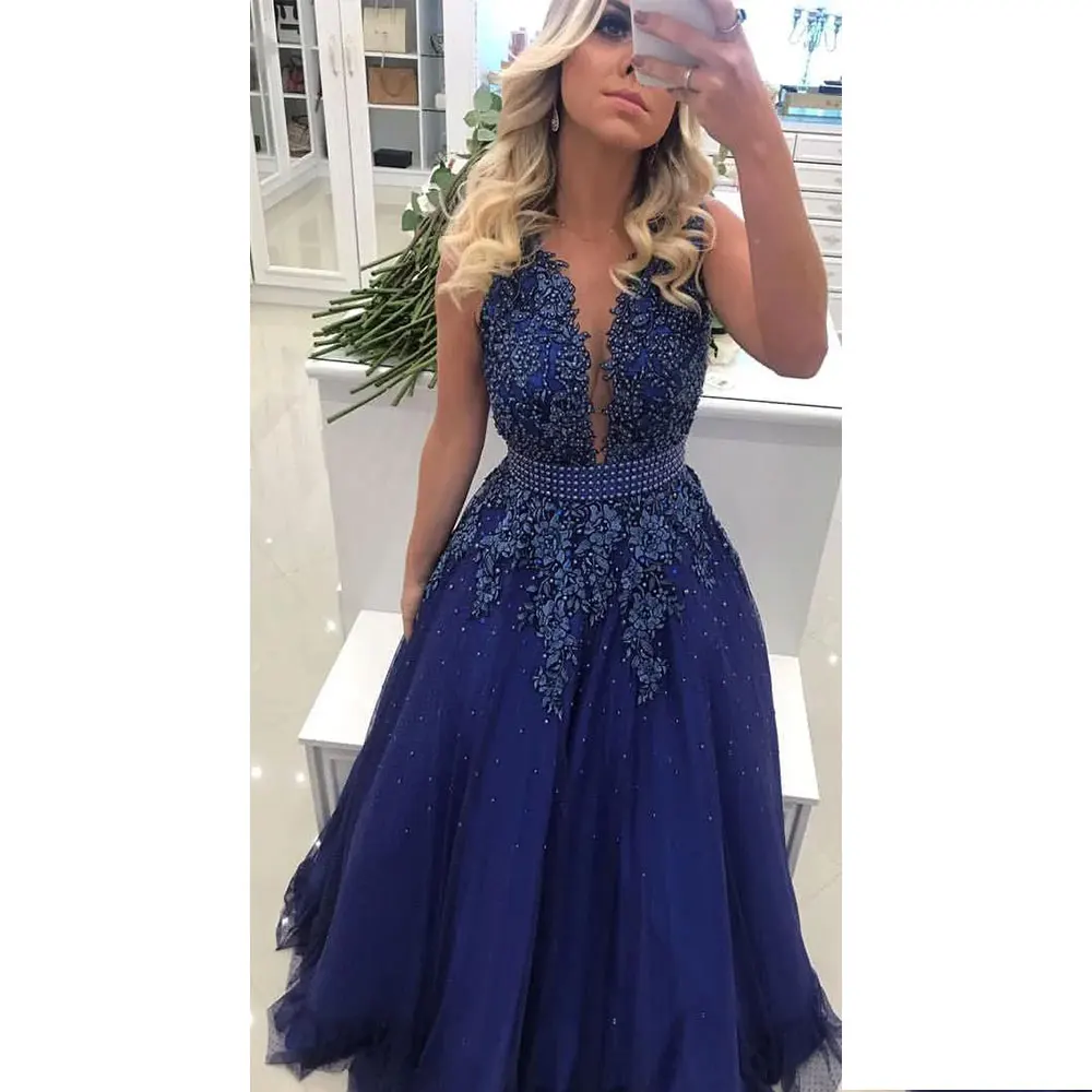 2024 Royal Blue Evening Dresses Women A Line Beaded Waist Back lace Saw Through Prom Ball Gowns Floor Length Formal Party Robe