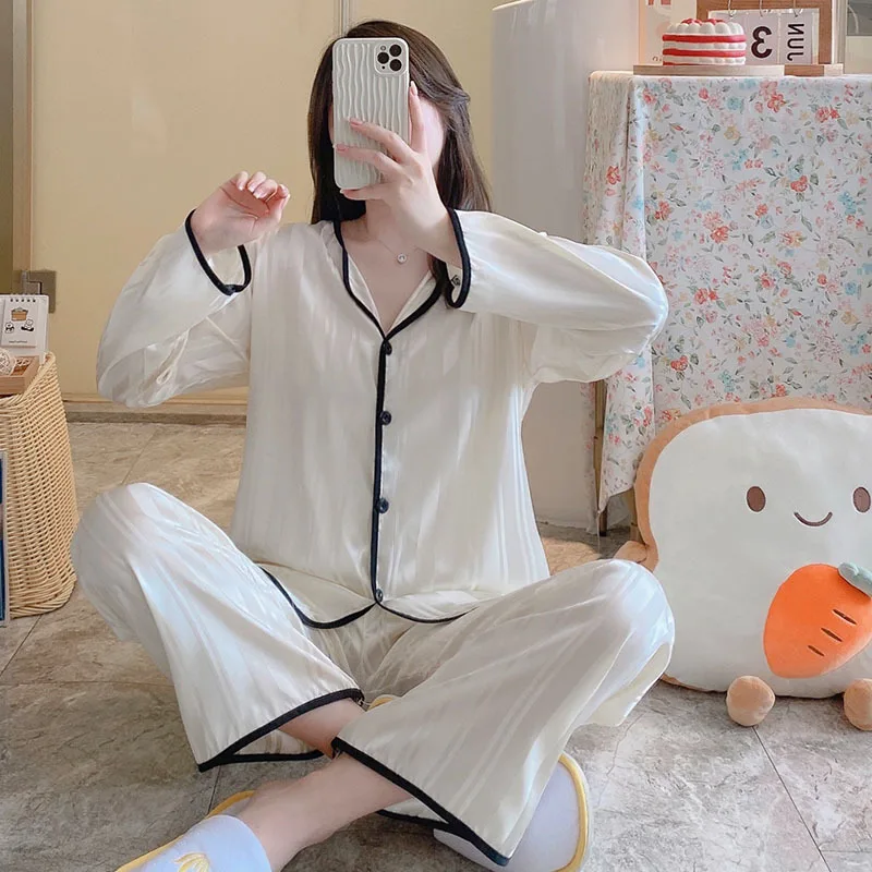 Women Pajama Sets Faux Silk Satin Pyjamas Striped Female Pijama Lapel Long Sleeve Shirt Pants Suit Sleepwear Homewear Loungewear