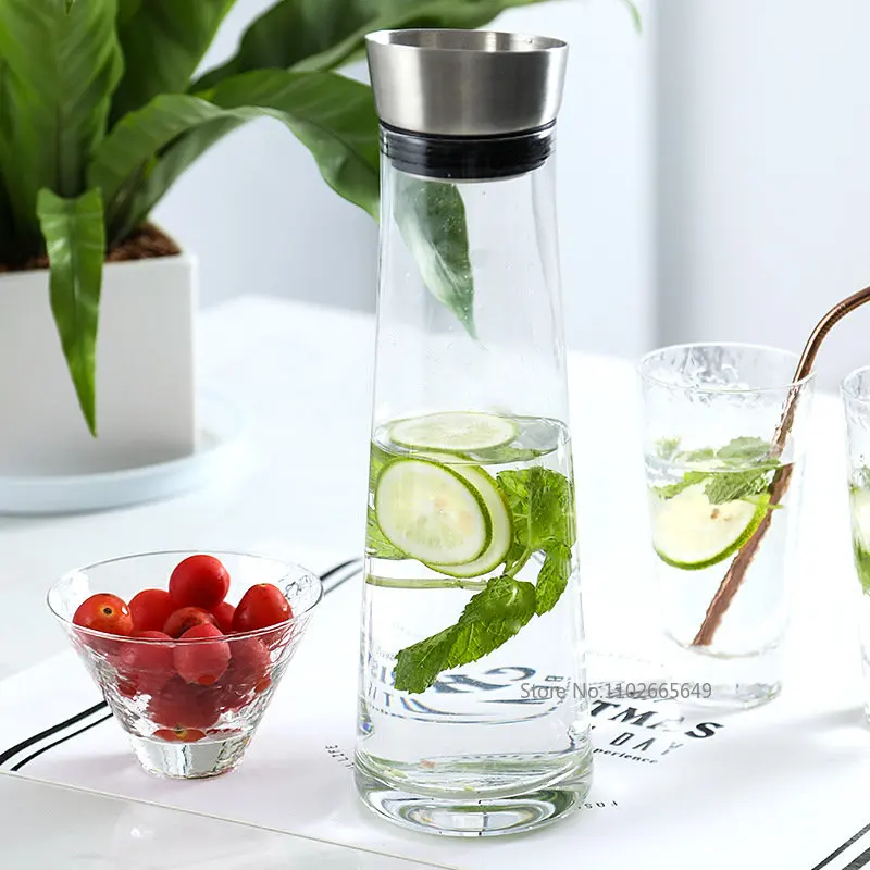 1L/1.5L Round Glass Water Bottle Stainless Lid Glass Carafe for Water Juice  Wine