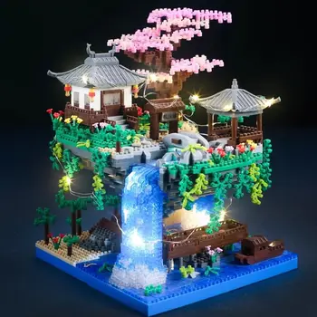 Creative Peach Blossom Pond Sakura Castle Tree House View Set City DIY Model Building Blocks Bricks Toys For Children Adult Gift