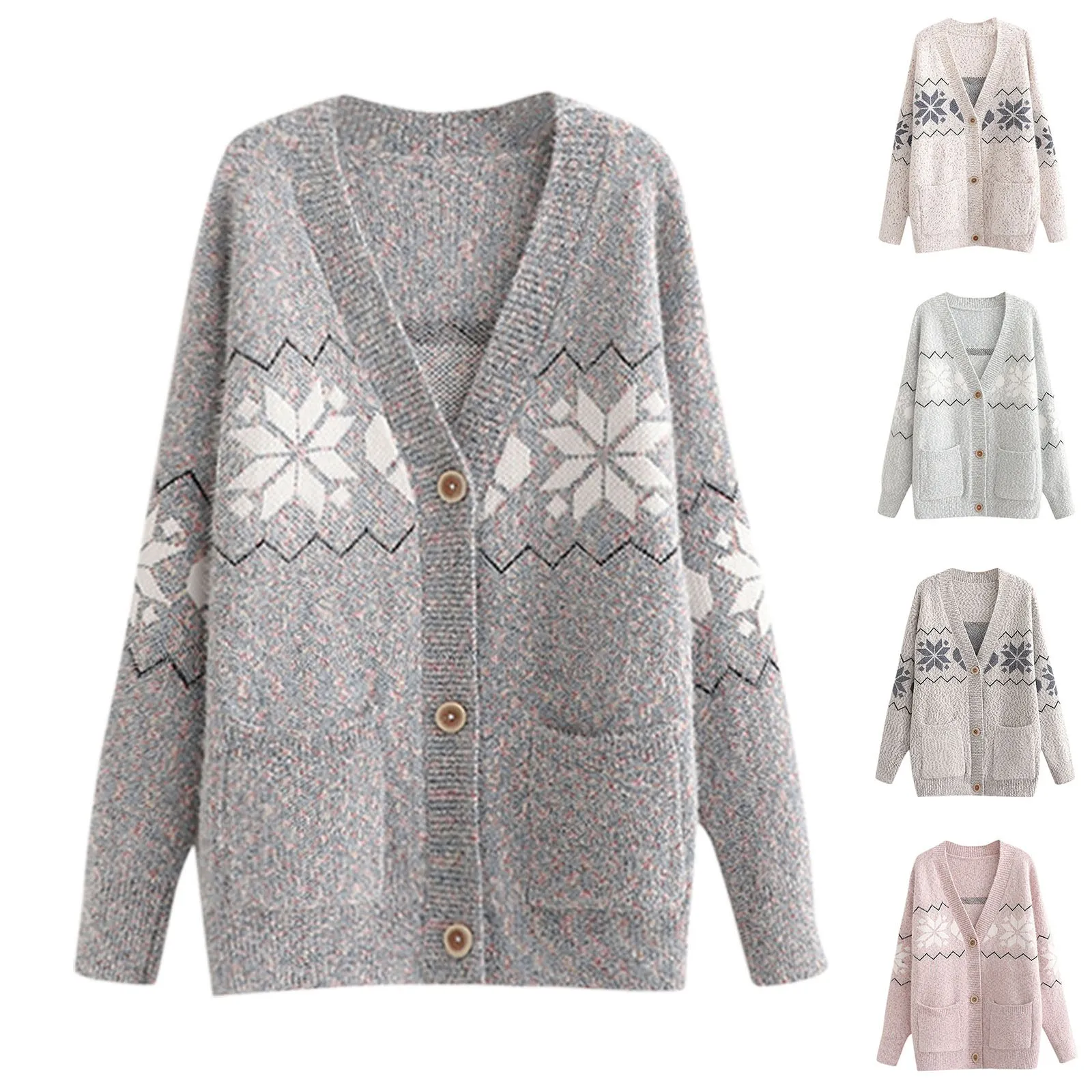 

Women's Christmas Knitted Sweater Casual Versatile Loose Long Sleeve Cardigan Coat Snowflake Print Buttons Cardigan Sweater