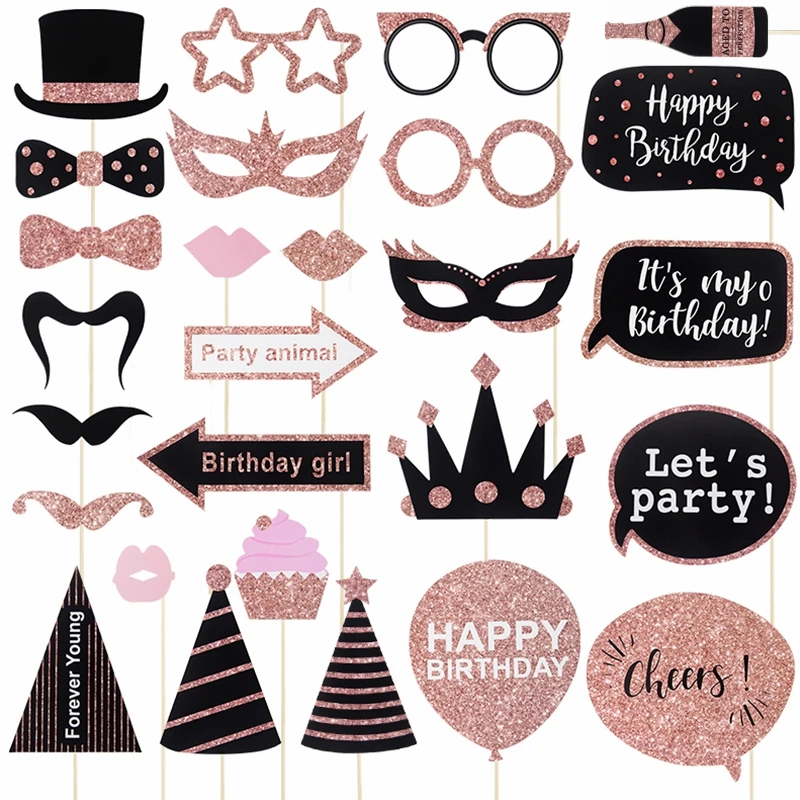 Happy Birthday Photo Booth Props Funny Masks Hat Mustache Lip Photobooth Props Adult Birthday Festival Party Favor Decor Supplie