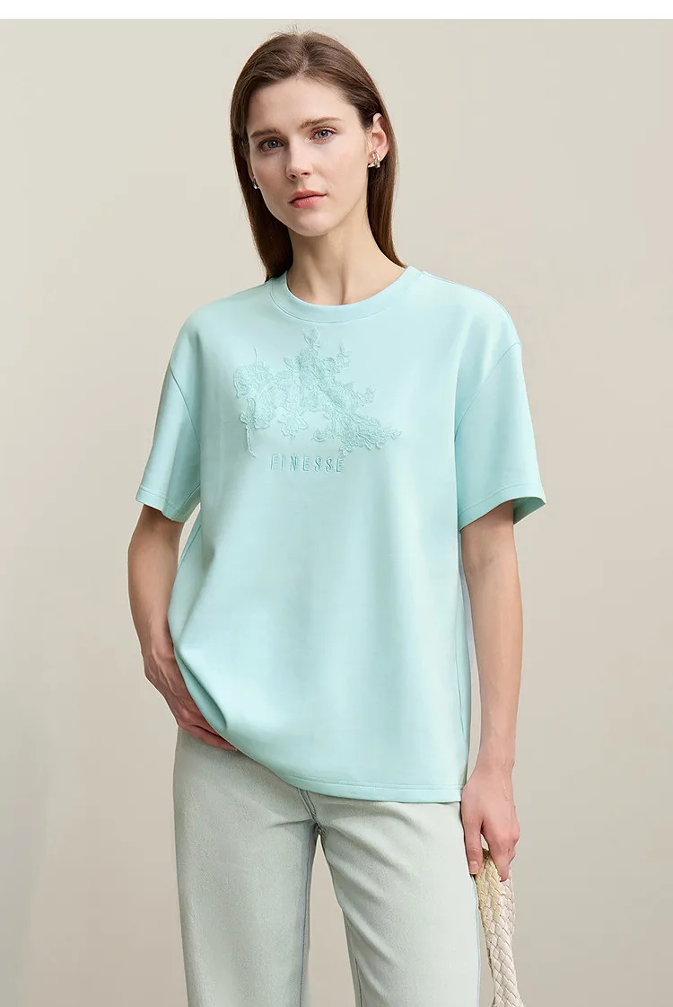 Amii Women's T-Shirt 2026 Summer New Round Neck Drop Shoulder Cotton Tee Lace Embroidered Woman Loose Fit knit Tops 12622048