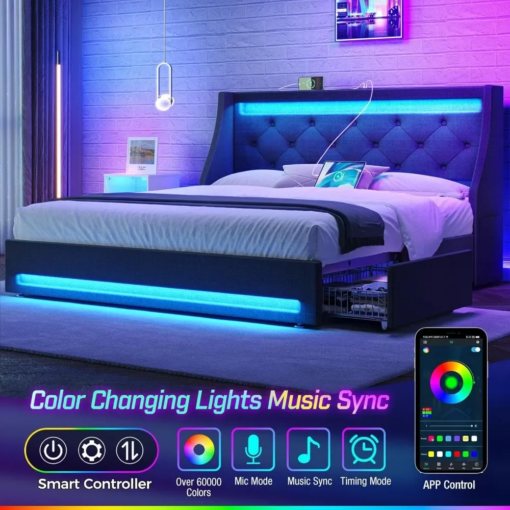 Twin Bed Frame with LED Lights and Charging Station, Upholstered Bed with Drawers, Wooden Slats, Noise Free, Easy Assembly 2
