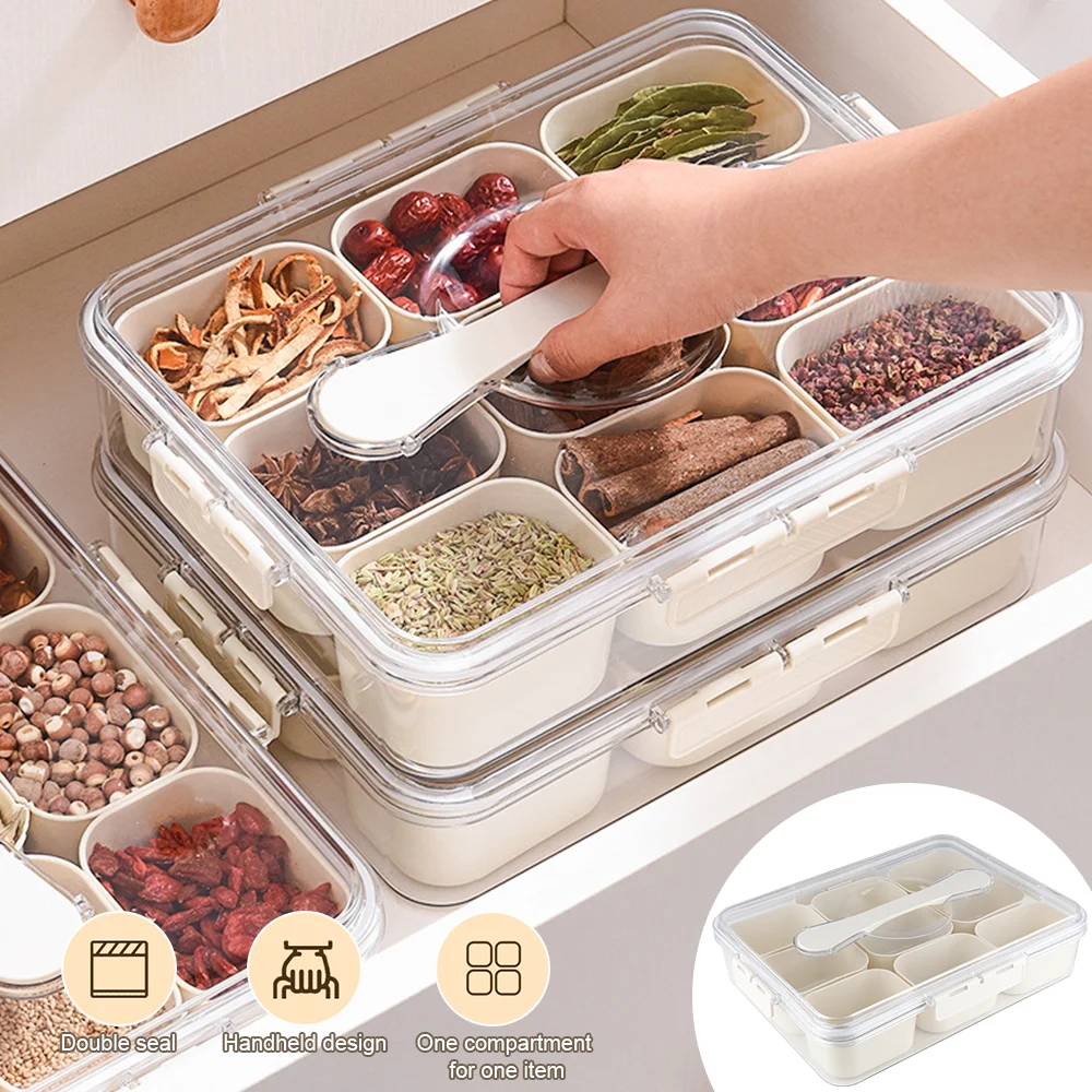 Divided Serving Tray Food Dispenser Kitchen Storage Box 9 Compartments Snack Box for Candy, Nuts, Cookies, Fruit Storage Box