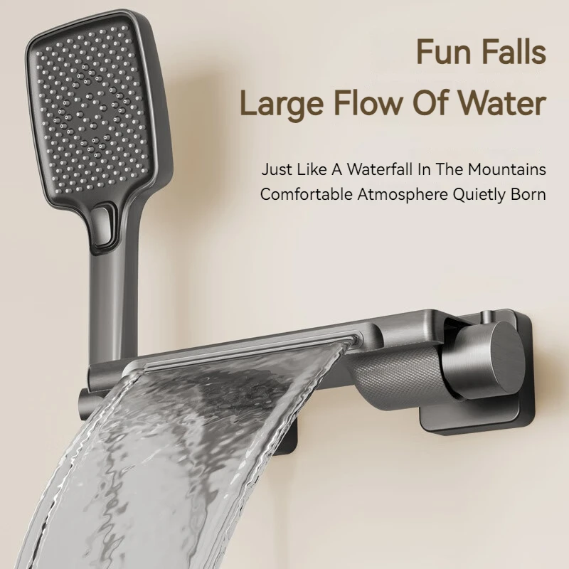 Waterfall Piano Button Gun Gray/White Shower Suit Simple Faucet Hot And Cold Bathroom Bathtub Wall Mounted Bath Mixing Valve 2