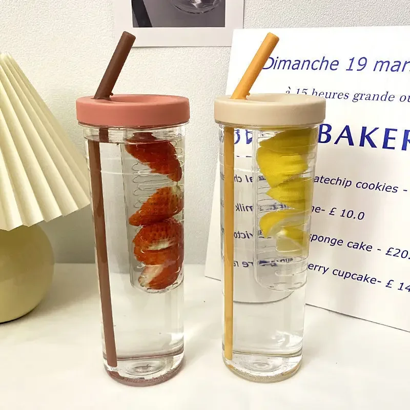 Portable Transparent Water Bottle with Straw and Fruit Infuser