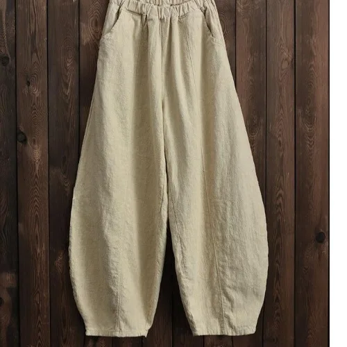 fashion clothing Spring Solid Color Pockets Loose Pants 2022 New Women Vintage Elastic Waist Cotton Linen Wide Leg Full Length Pants RV390 dickies 874 Pants & Capris