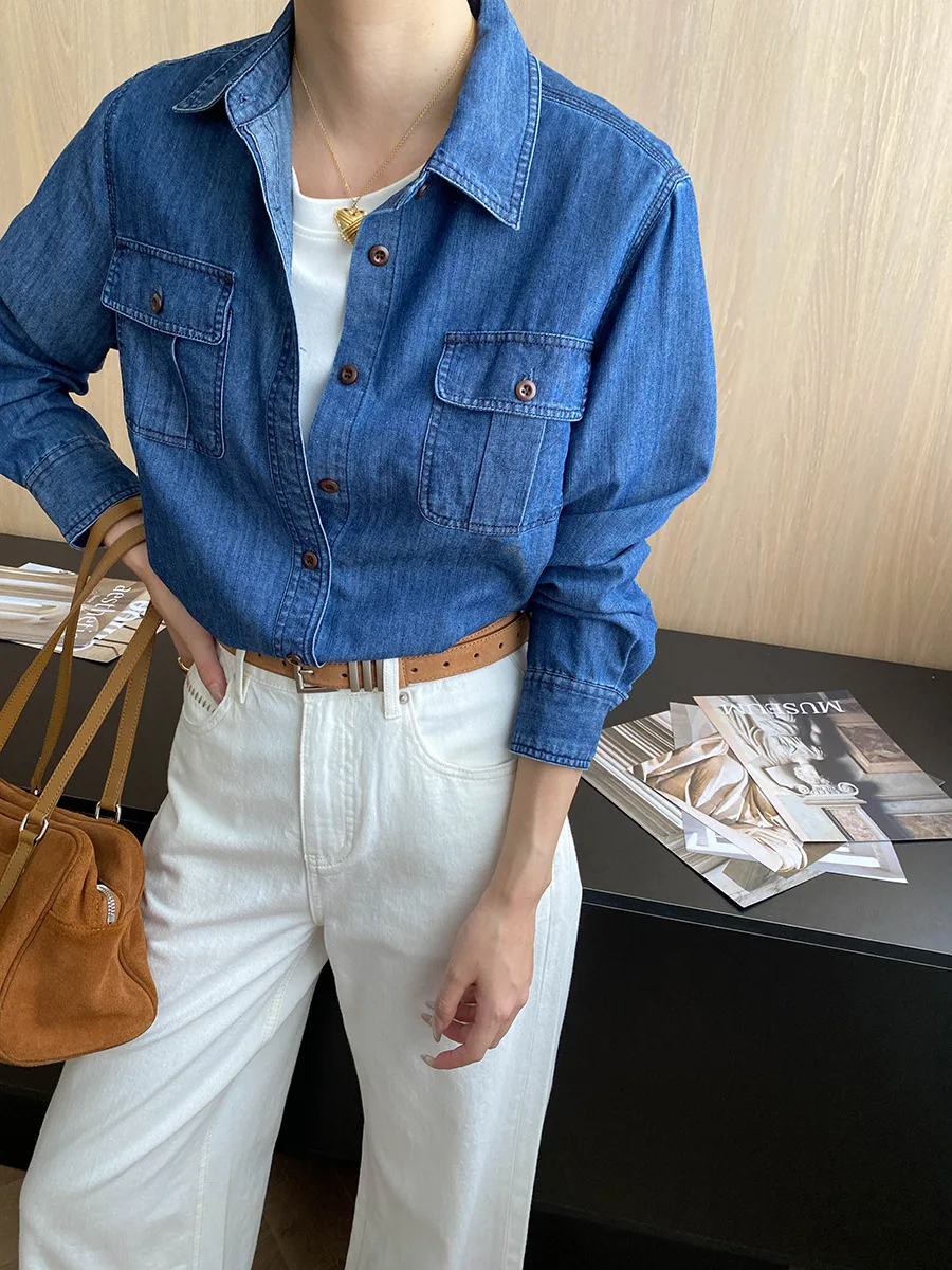 Herbst und Winter Damen lässig einfarbig Revers langärmelige Taschendekoration lose Jeanshemd – Detail 14