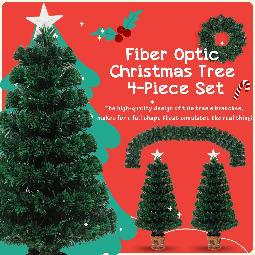 Home Decor Pre-lit Optical Fiber Christmas Artificial Tree 4-Piece Set,Wreath and Set of 2 Entrance Trees with Colorful Lights