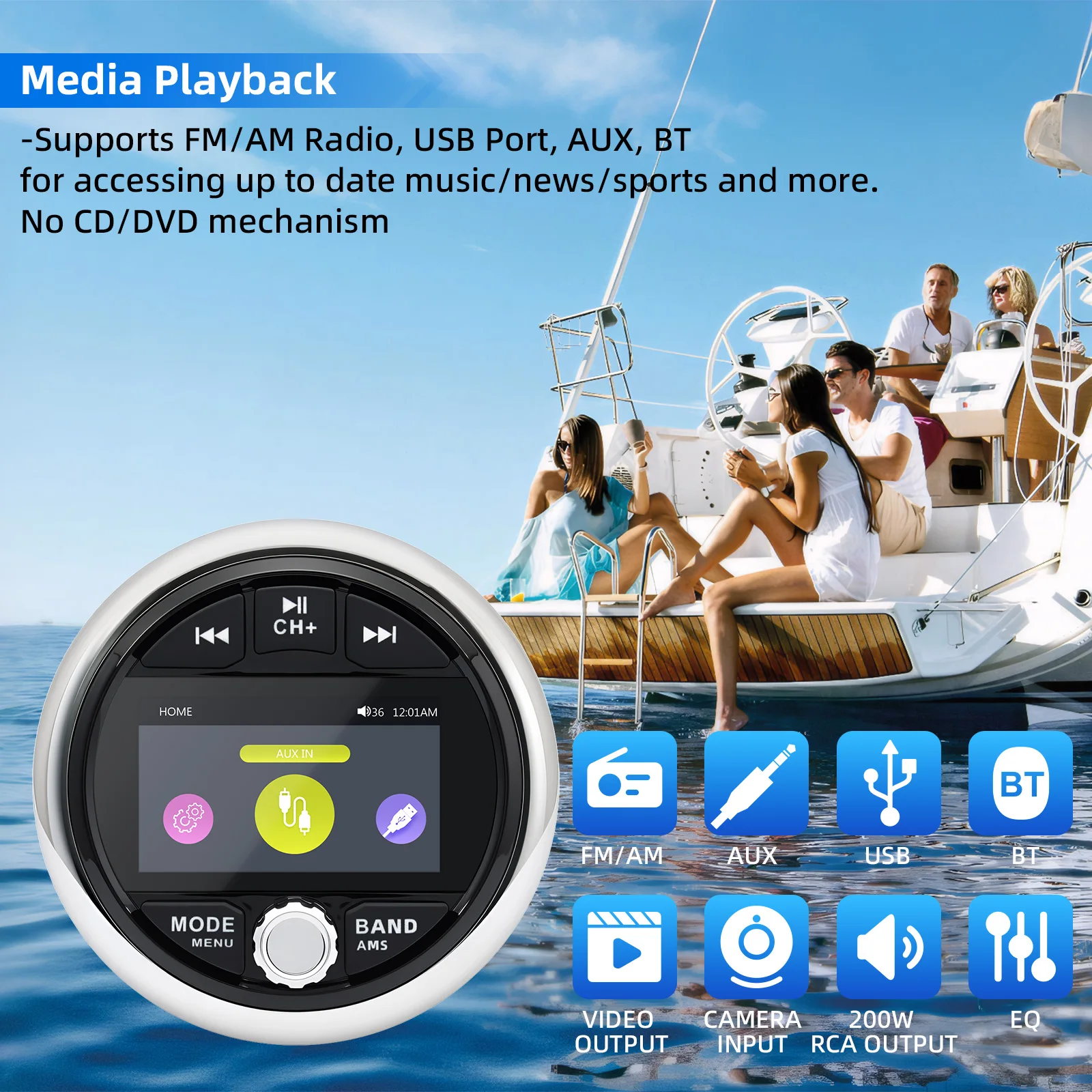 MP5 Boat Radio Marine Stereo Source Media Player AM FM RDS Receiver MP5 Video Play Bluetooth-compatible AUX for ATV UTV SPA RZR