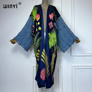 WINYI Fashion print Self Belted dress Women Elegant Summer holiday Bubble sleeve cardigan beach Wear Swim Suit cover up kimono 1