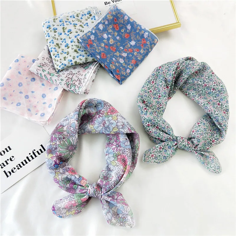 Print Floral Neckerchief Women Scarf Square Handkerchief Cute Cotton Neck Scarves Wrap Headband Bandanas Kerchief Turban 58cm 3