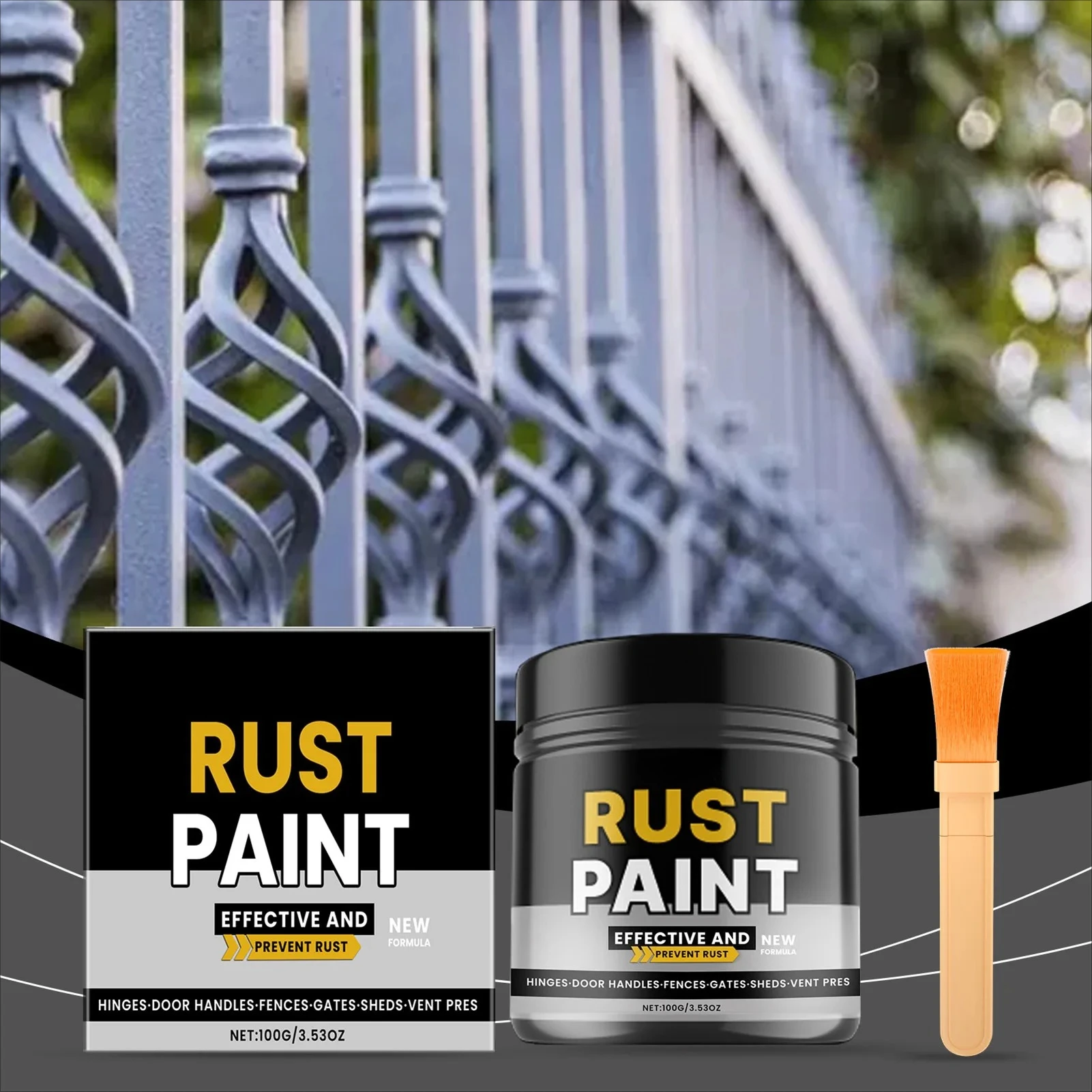 Anti rust paint bottle and included brush on display