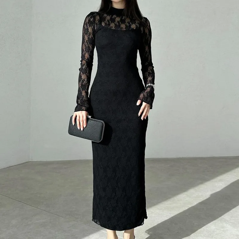 

Lace stitching with unsealed slim hip wrap dress female