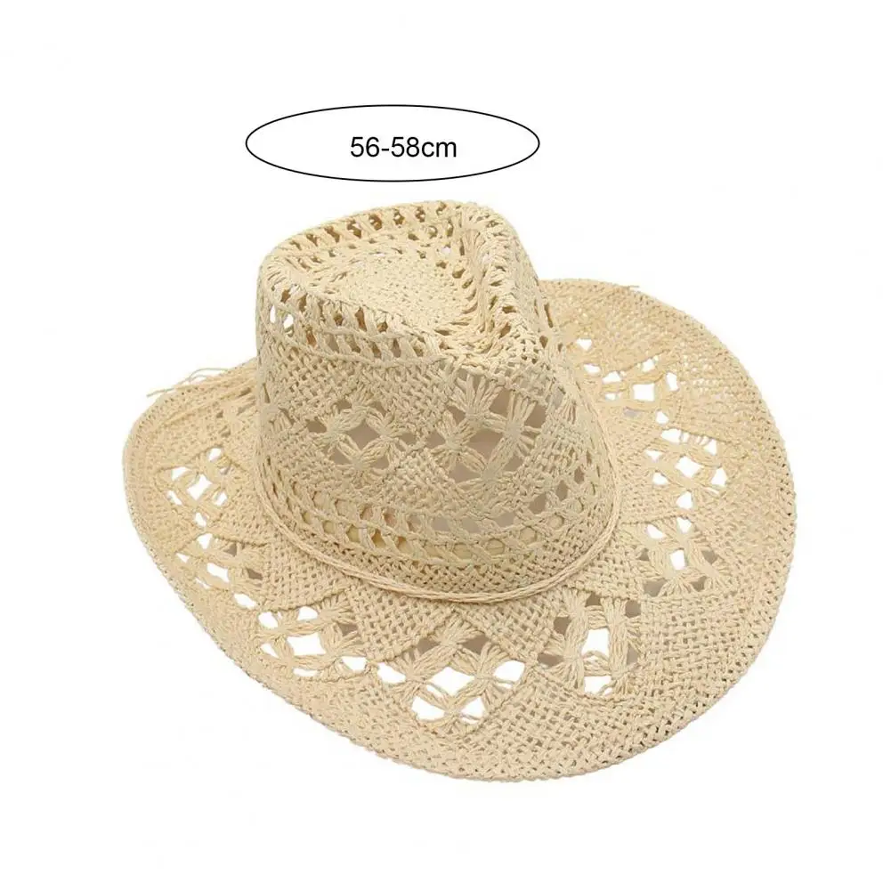 Women Cowboy Hat Unisex Hollow Out Summer Hat Solid Color Curled Edge Strap Jazz Decorative Vintage Braided Straw