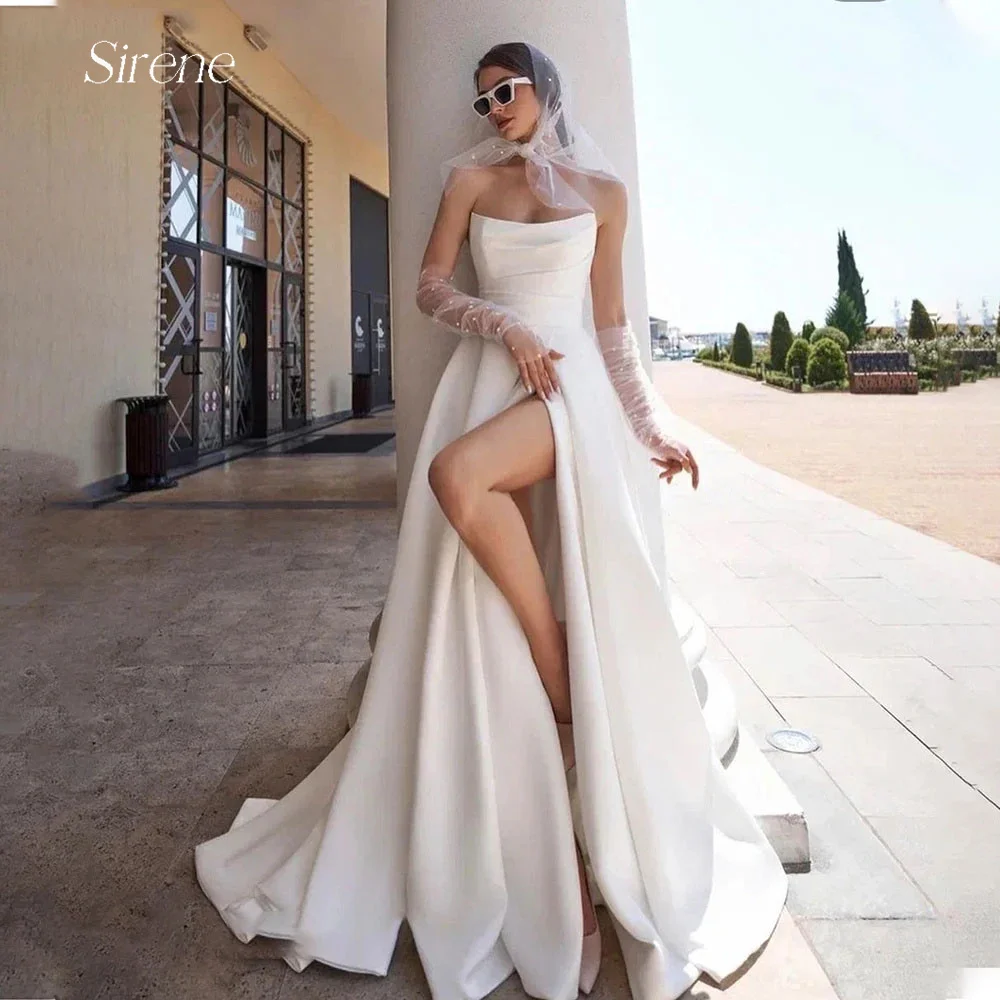 boho wedding dress 2021 sweetheart a line court train vestidos de novia custom made strapless bride dresses 3d appliqued beade Sirene White Simple A Line Satin Wedding Dresses Strapless Sleeveless High Side Slit Back Lace Up Bride Gowns Vestidos De Novia