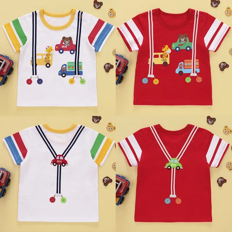 

Miki Boy Clothes Summer New Kids Cartoon Car Fake Strap Color Block Short Sleeve T-shirt Top