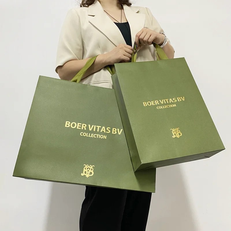 Grands sacs en papier de Shopping personnalisés de luxe, emballage cadeau, sacs fourre-tout en papier vert avec Logo 1
