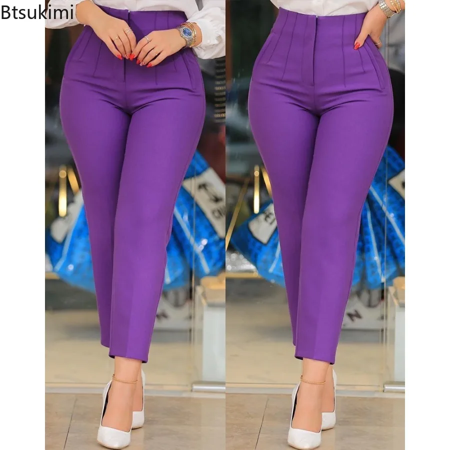 Stylish Women Trousers Anti-Shrink Office Pants Ninth-Length Workwear Casual Loose Office Lady Trousers High Waist Cropped Pants women s suit pants set 2 piece vest trousers formal business workwear office lady slim fit outfit بذلات بليزر نسائية