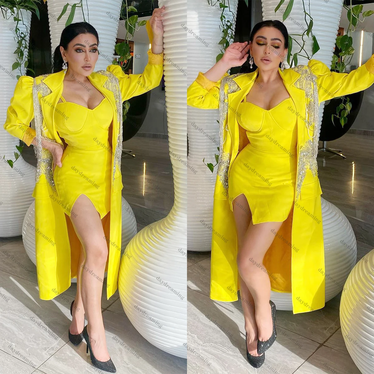 

Sexy 2 Pieces Women Dress Slim Fit Split Mini Gown Tassels Beads Custom Made Fashion Party Daily Dresses