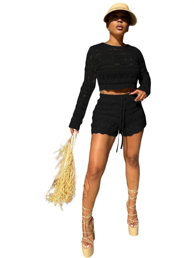 Wmstar Two Piece Set Women Wholesale Casual and Fashionable Round Neck Crochet Cutout Long Sleeved Knitted Shorts Summer 2025