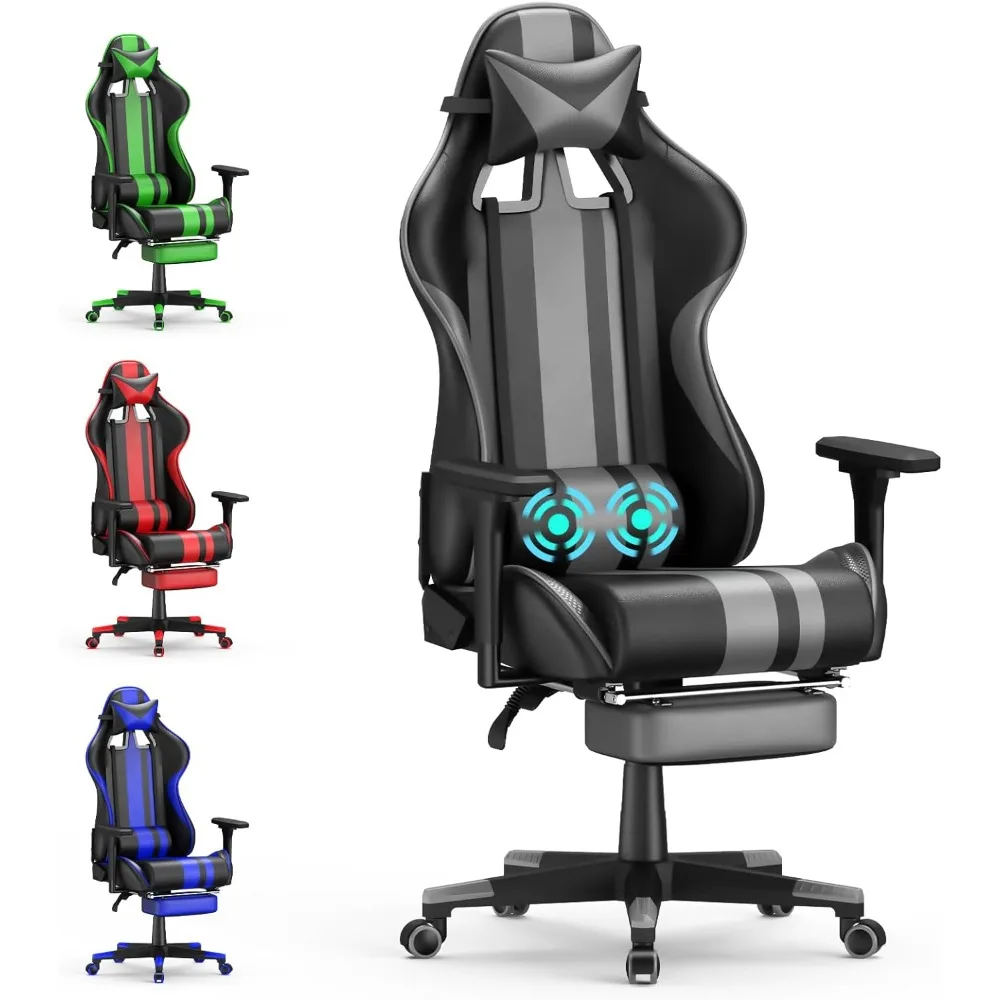

Soontrans Grey Gaming Chair with Footrest, Leather Ergonomic Gaming Chairs for Adults with Massage Lumbar Support & Headrest for