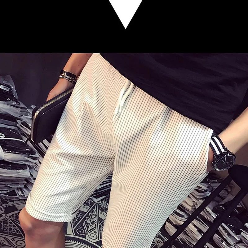 2023 Summer New High Street Striped Pockets Drawstring Straight Pants Man Korean Style Slim Thin Style Street Knee Length Shorts